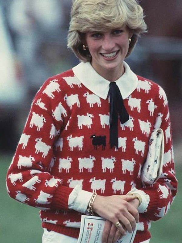 Princess Diana Black Sheep Sweater Iconic 80s Red Wool Knit Jumper, Streetwear Fashion Style