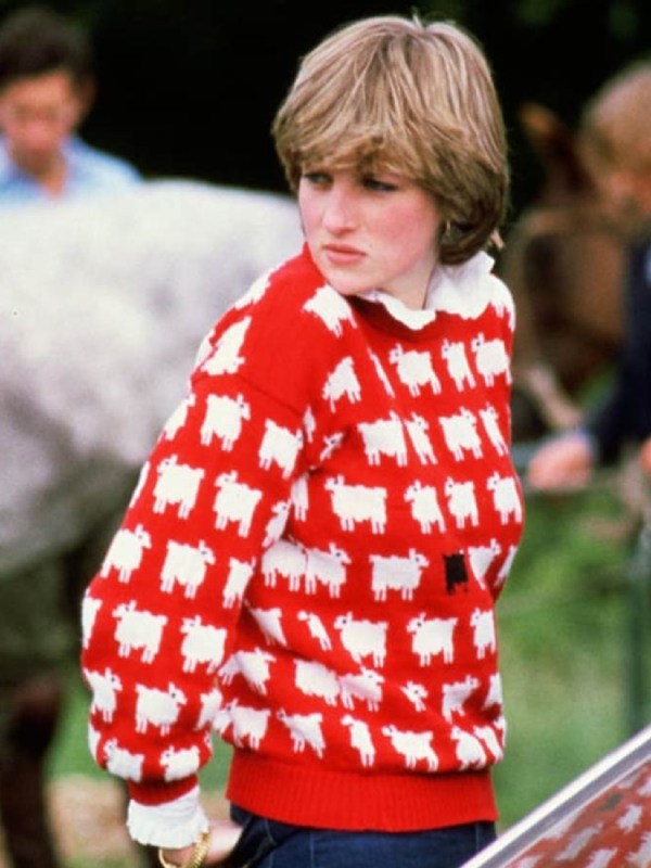 Princess Diana Black Sheep Sweater Iconic 80s Red Wool Knit Jumper, Streetwear Fashion Style