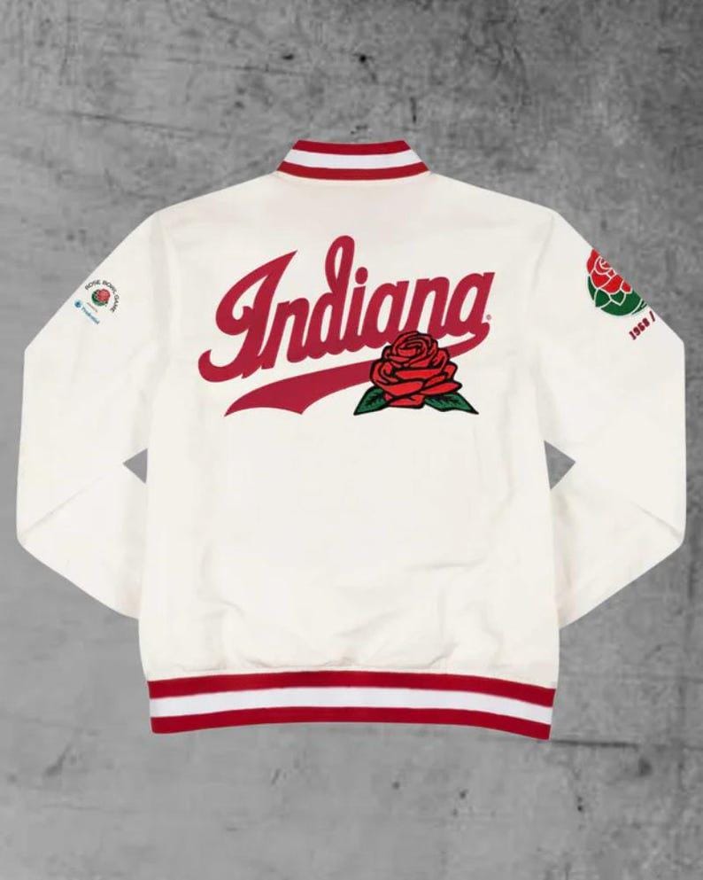 Indiana Hoosiers Rose Bowl Varsity Jacket, White Satin Latterman Bomber Jacket
