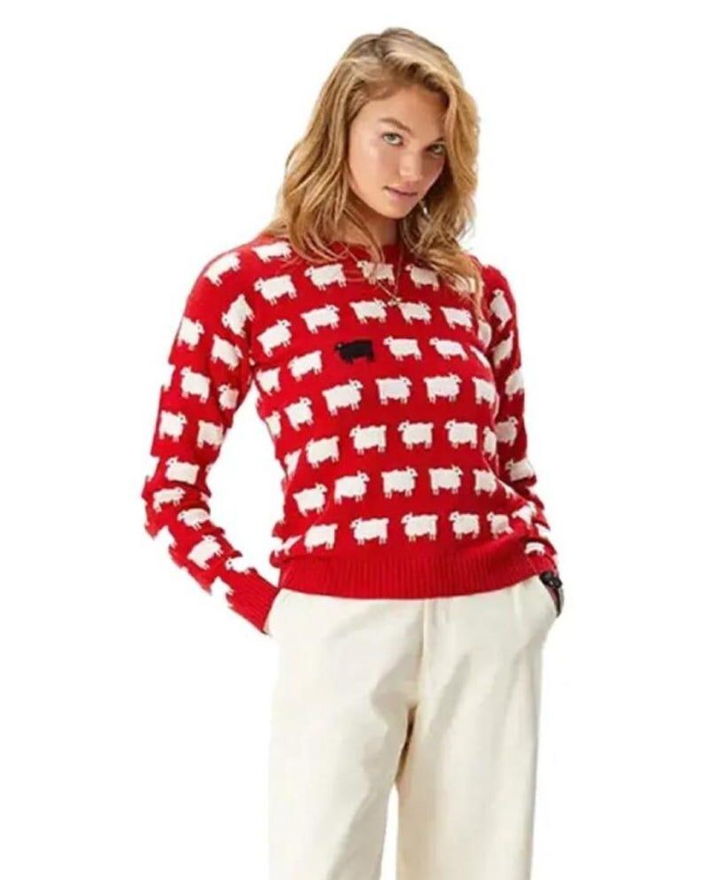 Princess Diana Black Sheep Sweater Iconic 80s Red Wool Knit Jumper, Streetwear Fashion Style