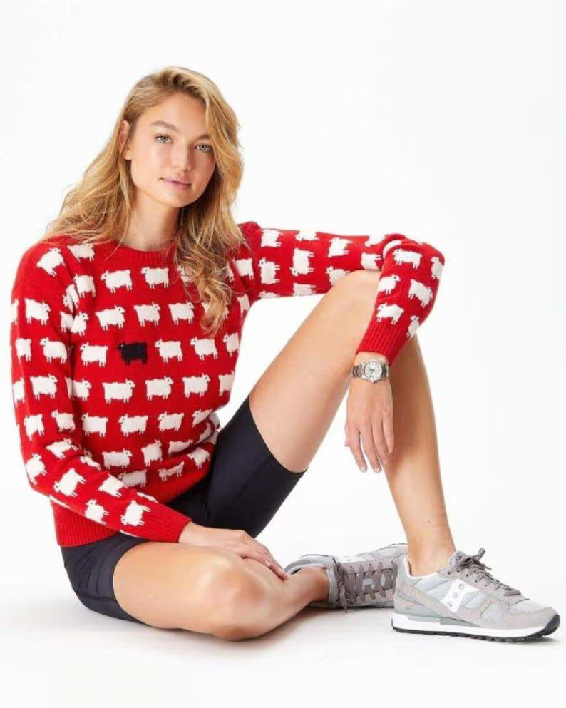 Princess Diana Black Sheep Sweater Iconic 80s Red Wool Knit Jumper, Streetwear Fashion Style