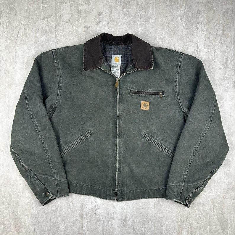 Carhartt J97 MOS Detroit Jacket Moss Green, Blanket Lined Distressed Canvas Work Coat