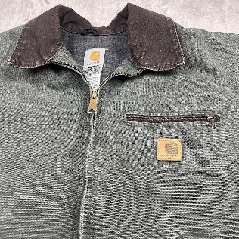 Carhartt J97 MOS Detroit Jacket Moss Green, Blanket Lined Distressed Canvas Work Coat