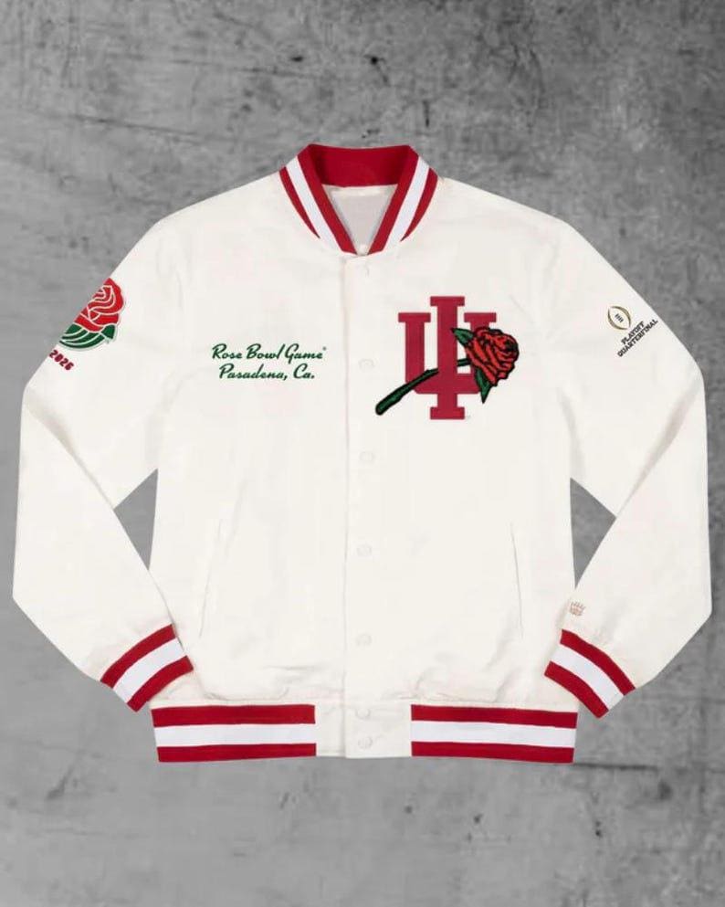 Indiana Hoosiers Rose Bowl Varsity Jacket, White Satin Latterman Bomber Jacket