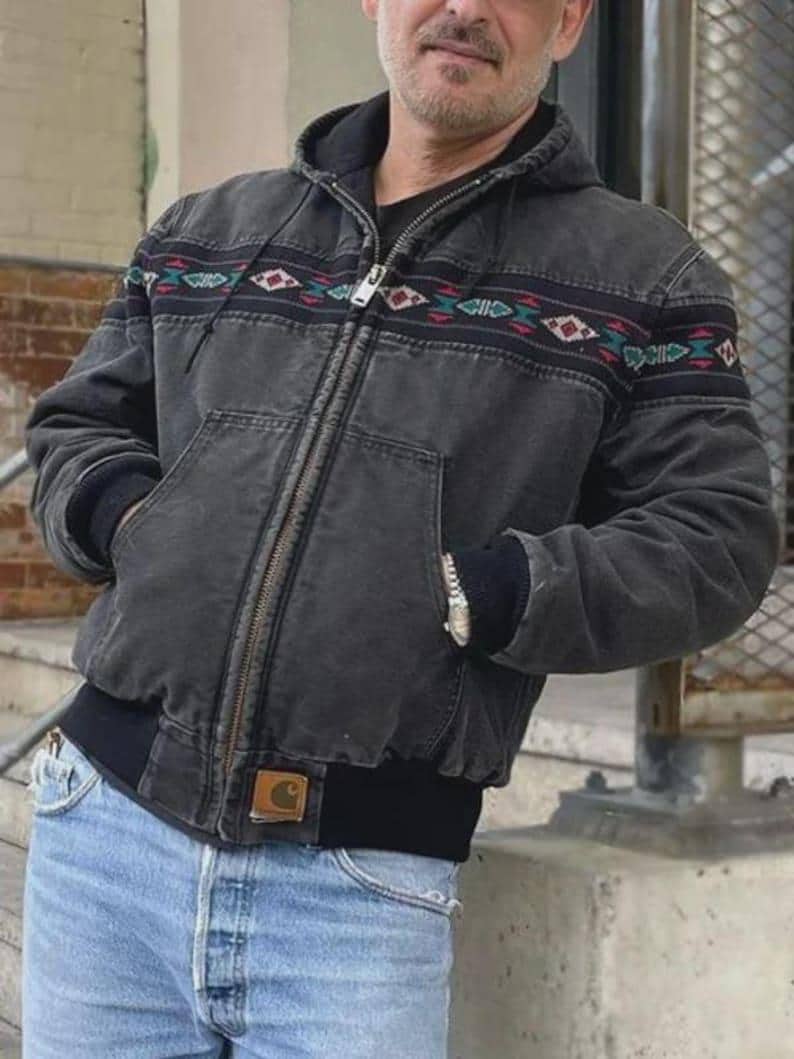 Carhartt Black Southwestern Aztec Bomber Jacket 90s Zip Up Workwear Santa Fe Jacket