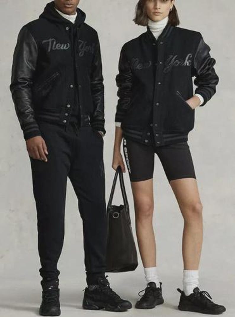 Polo Ralph Lauren NY Yankees Black Leather, Baseball MLB Bomber Jacket, Leather Varsity Coat