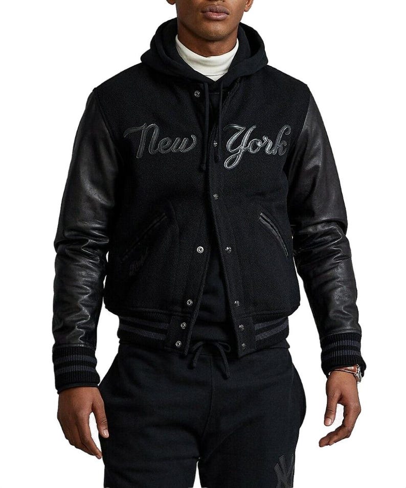 Polo Ralph Lauren NY Yankees Black Leather, Baseball MLB Bomber Jacket, Leather Varsity Coat