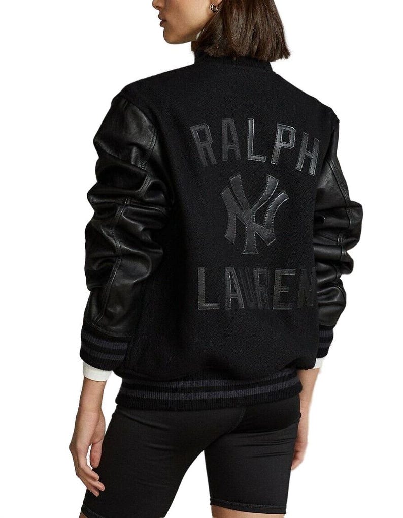 Polo Ralph Lauren NY Yankees Black Leather, Baseball MLB Bomber Jacket, Leather Varsity Coat