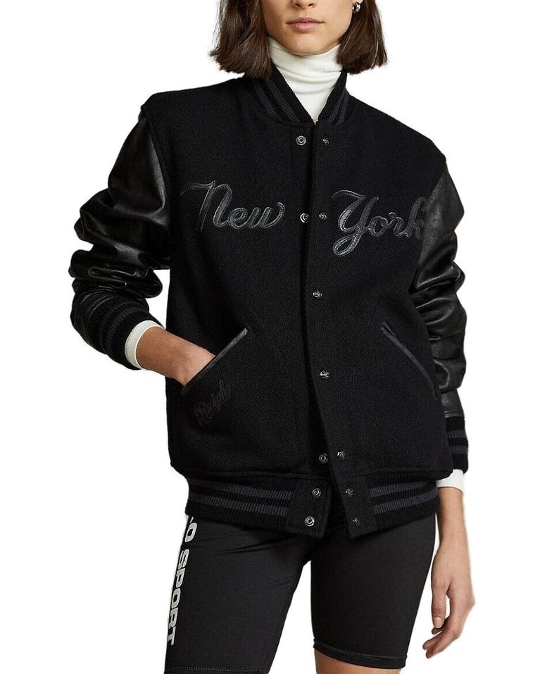 Polo Ralph Lauren NY Yankees Black Leather, Baseball MLB Bomber Jacket, Leather Varsity Coat