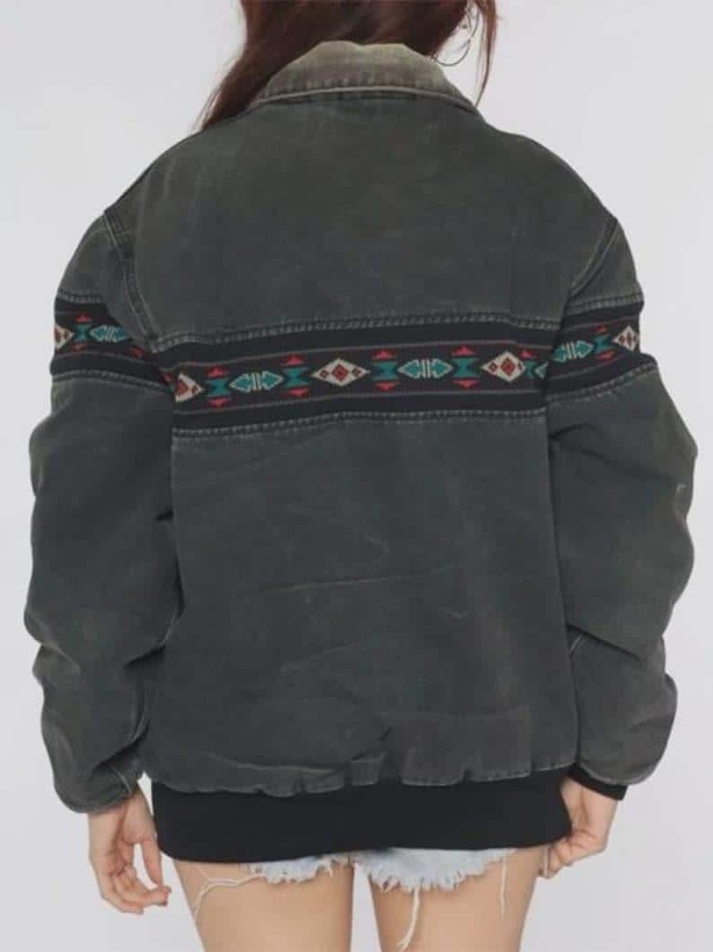 Carhartt Black Southwestern Aztec Bomber Jacket 90s Zip Up Workwear Santa Fe Jacket