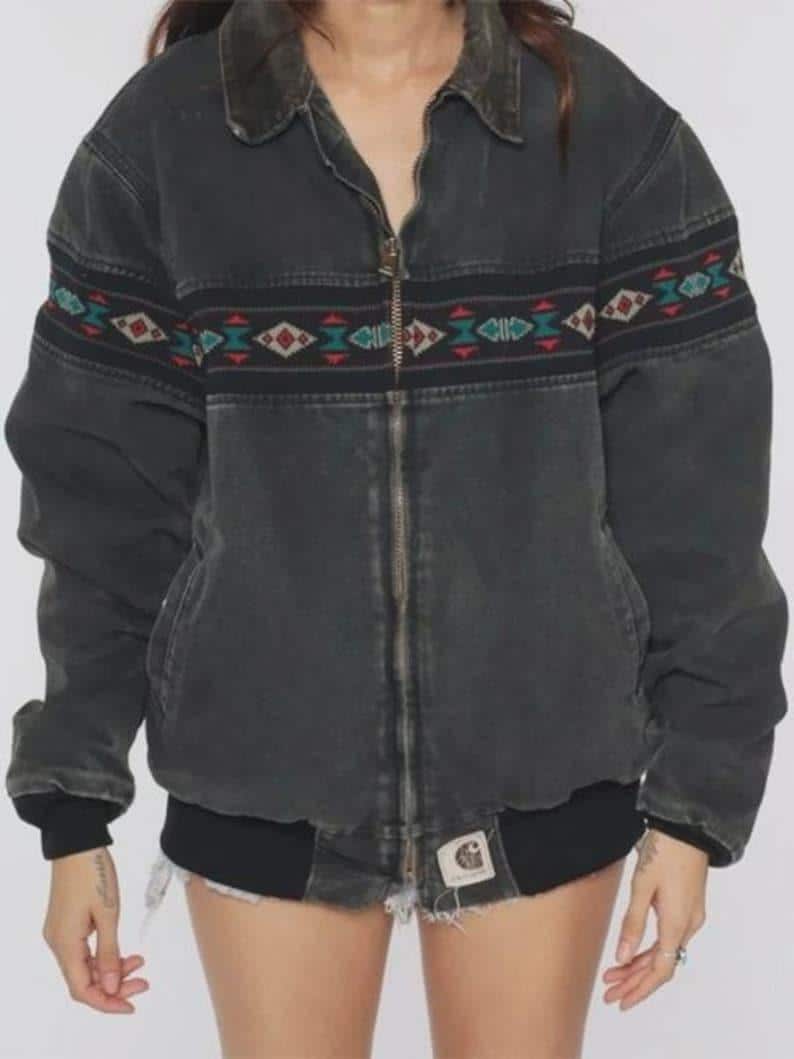 Carhartt Black Southwestern Aztec Bomber Jacket 90s Zip Up Workwear Santa Fe Jacket