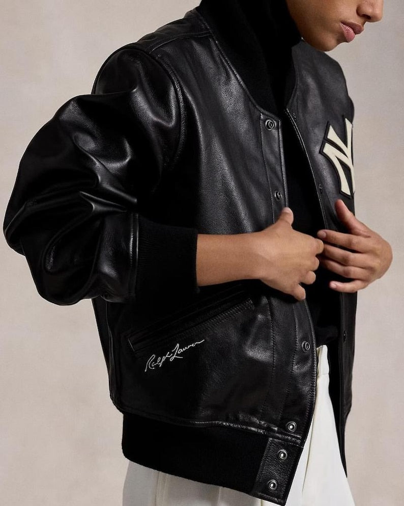 Vintage Polo Ralph Lauren Yankees Leather Jacket, Men’s Classic MLB Baseball Bomber Coat