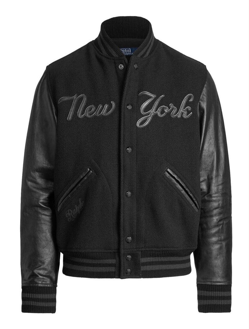 Polo Ralph Lauren NY Yankees Black Leather, Baseball MLB Bomber Jacket, Leather Varsity Coat