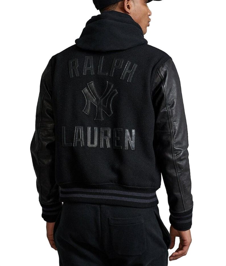 Polo Ralph Lauren NY Yankees Black Leather, Baseball MLB Bomber Jacket, Leather Varsity Coat