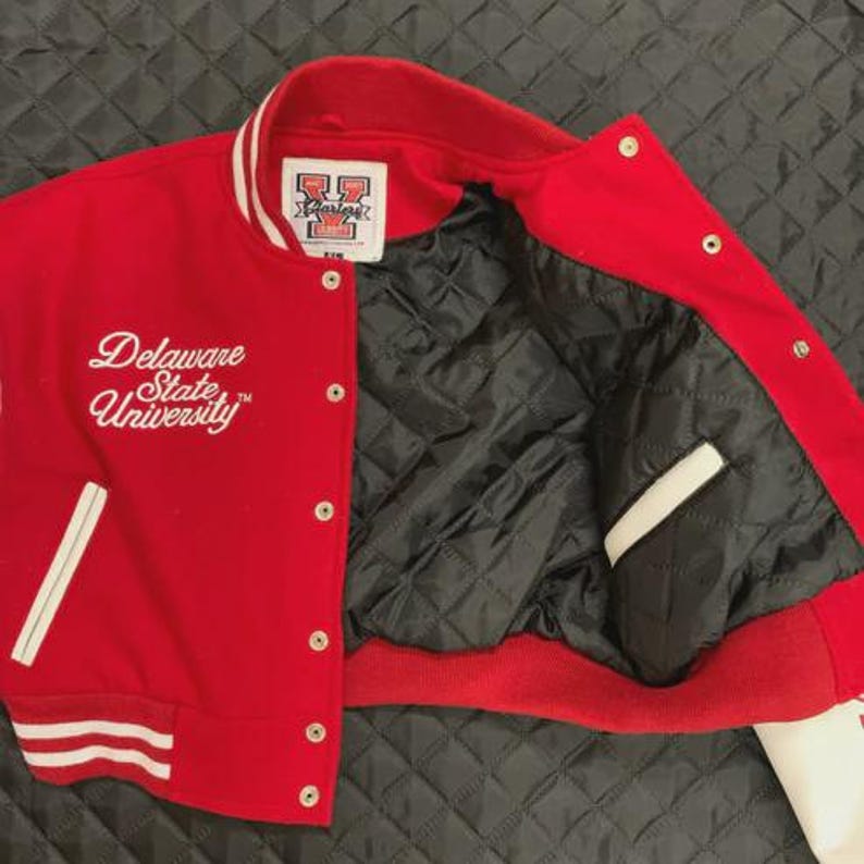 Delaware State Hornets Varsity Letterman Jacket, Red and White Cropped Jacket