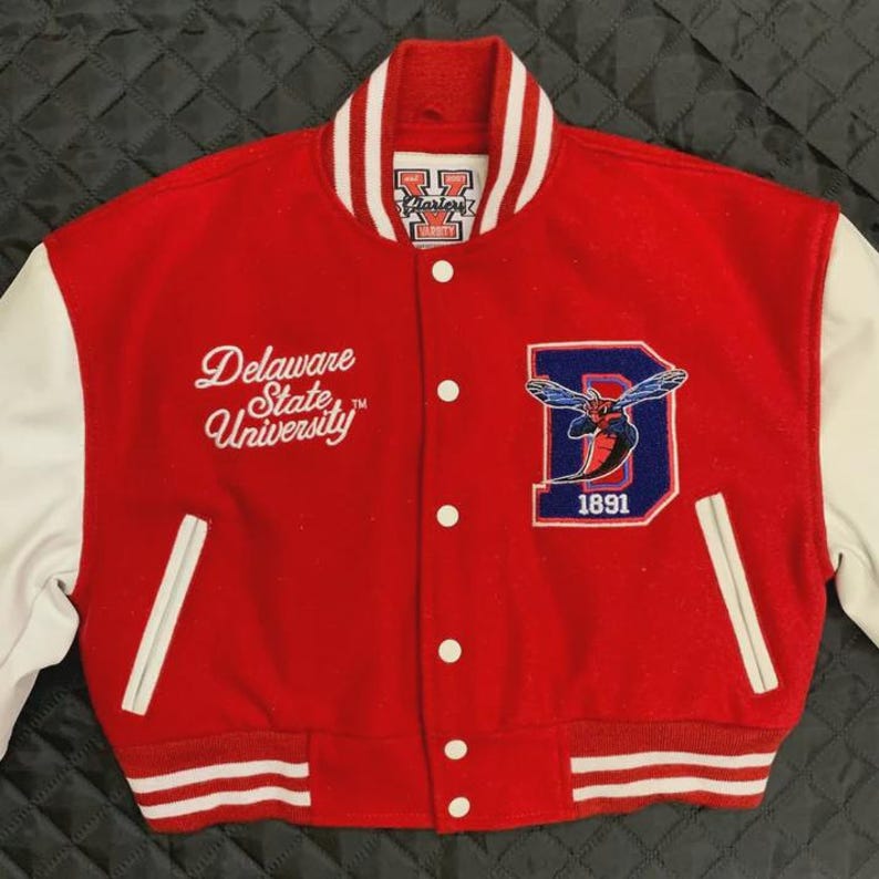 Delaware State Hornets Varsity Letterman Jacket, Red and White Cropped Jacket
