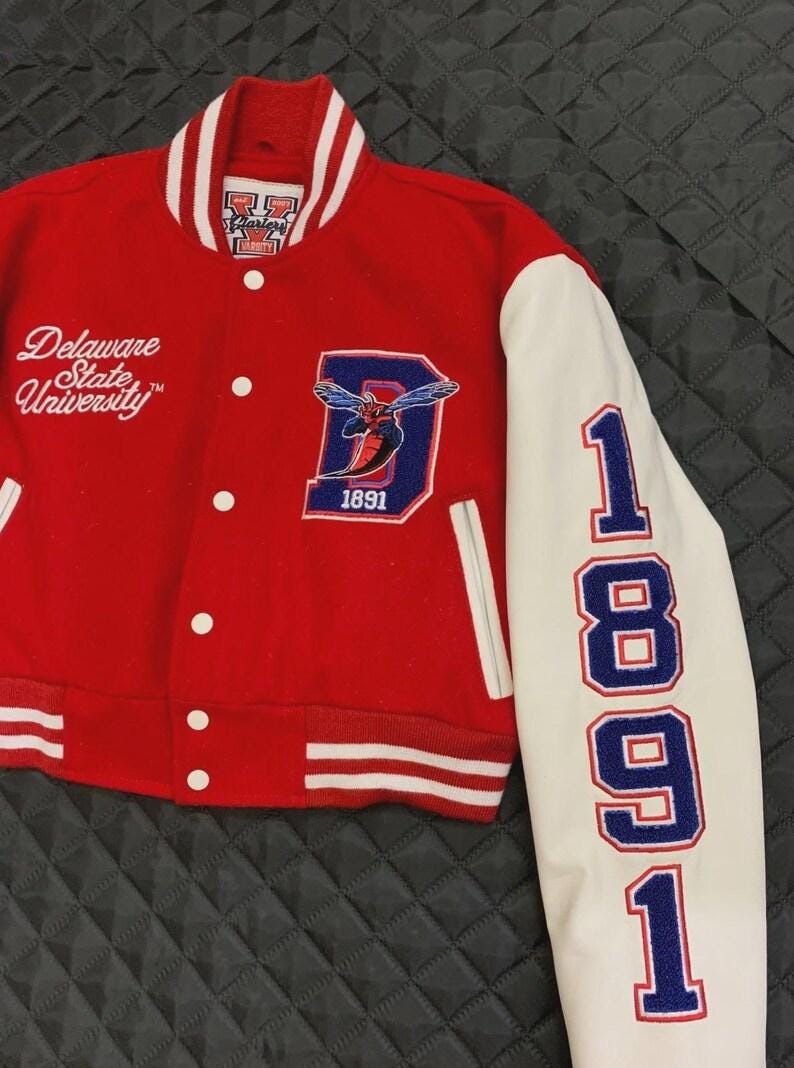 Delaware State Hornets Varsity Letterman Jacket, Red and White Cropped Jacket