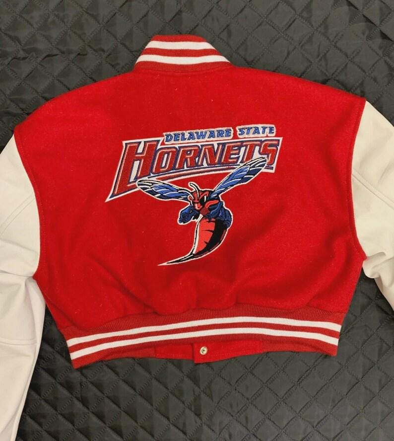 Delaware State Hornets Varsity Letterman Jacket, Red and White Cropped Jacket