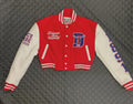 Delaware State Hornets Varsity Letterman Jacket, Red and White Cropped Jacket