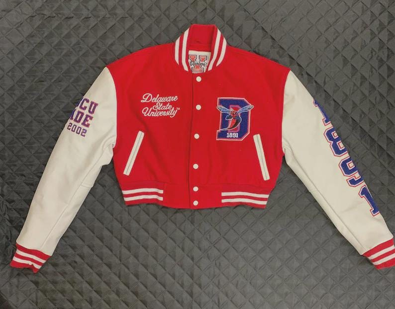 Delaware State Hornets Varsity Letterman Jacket, Red and White Cropped Jacket